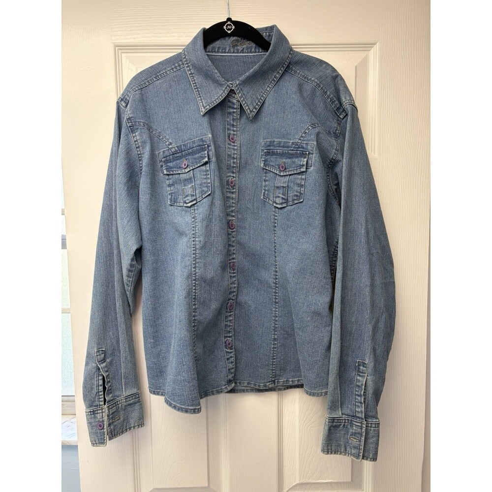 Lee Western Shirt Women’s Size XL Blue Denim Long Sleeve Button Cowgirl Chic Y2K